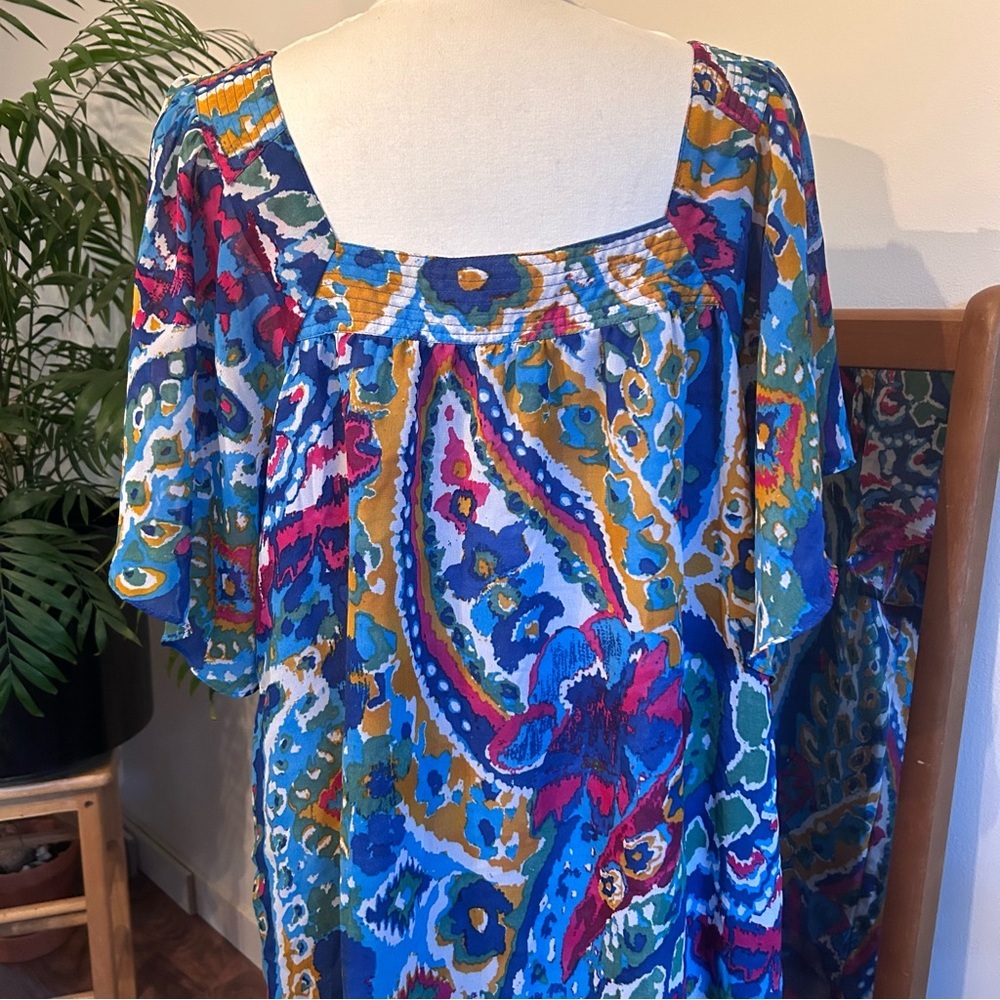 Vintage House Dress Main Street Blues Square Neck Flowy Short Sleeves XXL - Picture 4 of 6